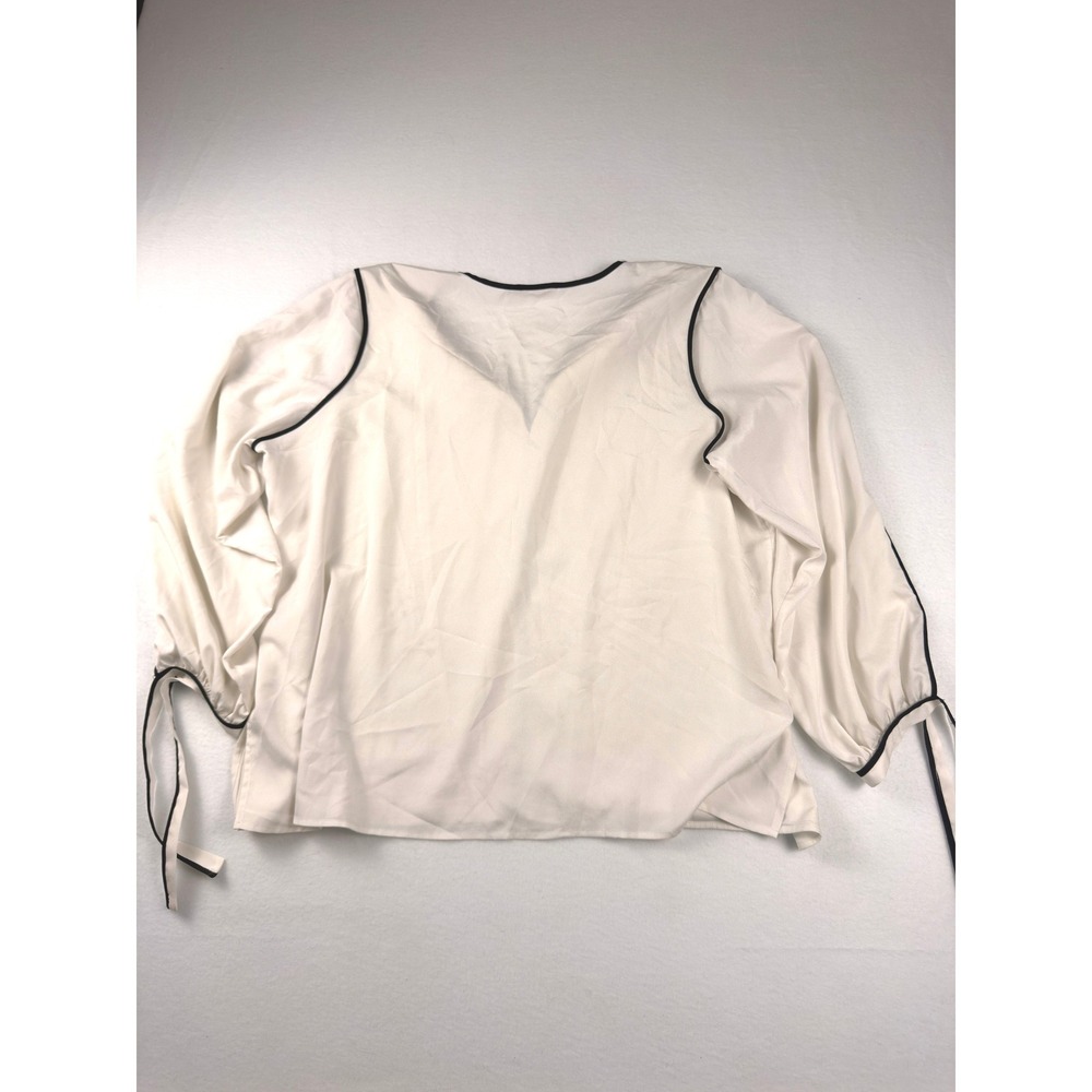 Calvin Klein Womens 1X Cream Cold Shoulder Tie Cuff Blouse Black Contrast Piping - Picture 7 of 7